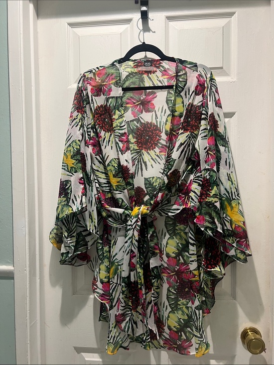 Unknown Other - Floral Tie-Front Sheer Swim Coverup in White with Pink & Green